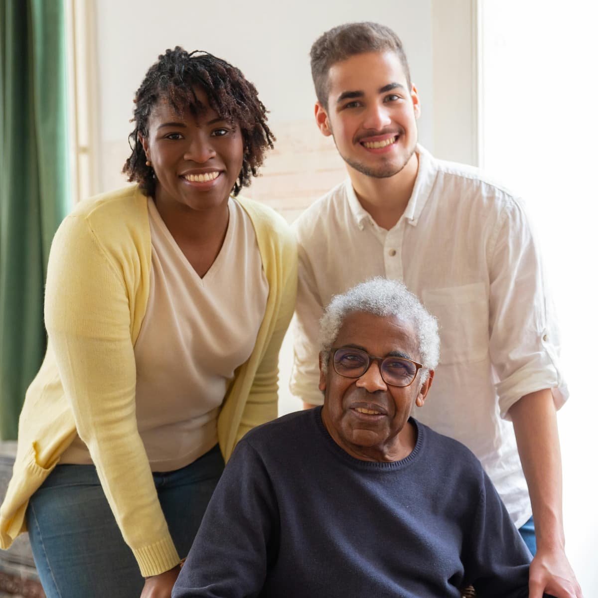 Compassionate caregiver assisting elderly patient in comfortable home setting